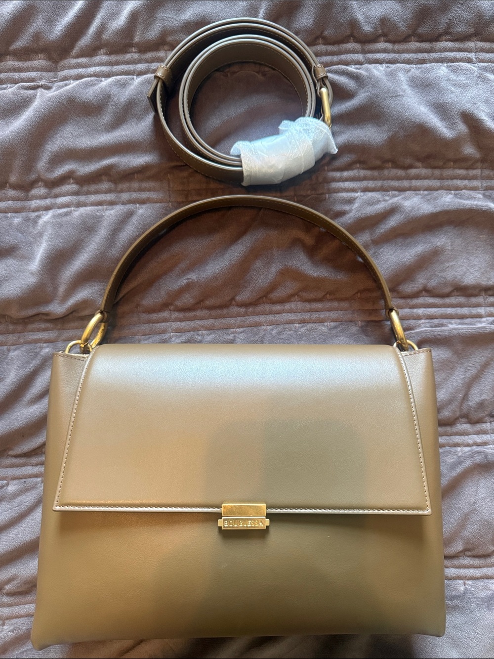 Authentic Bougessa Ounassa Taupe Leather Top-Handle Bag with Gold Hardware